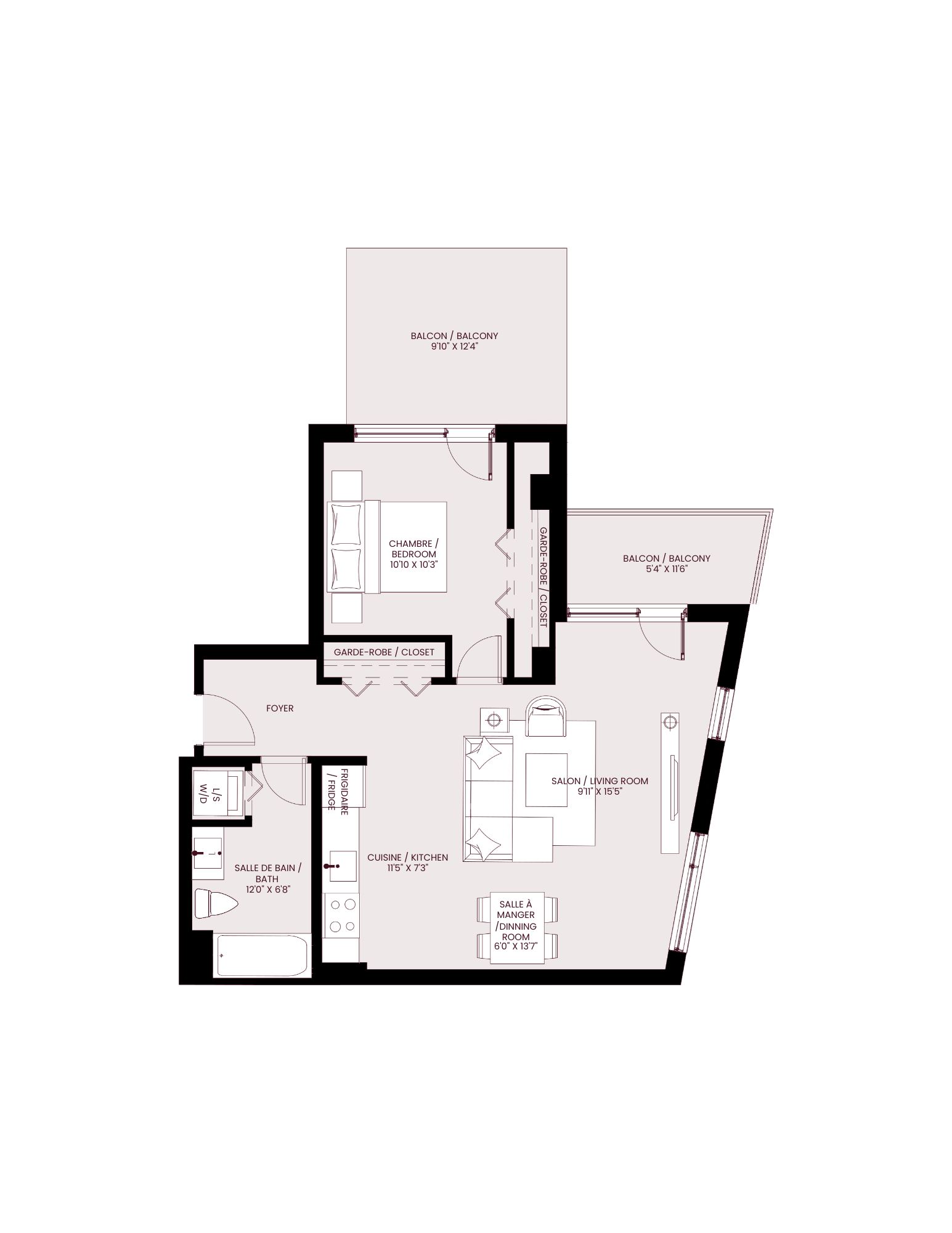 Floor plan for 1 bed, 1 bath, 744 sqft